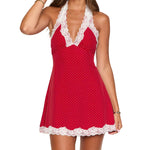 Women's Lace Trim Halter Mini Dress Sleeveless Deep V Neck Solid Color/Dots Print Party Club Dress