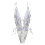 Sexy Backless One Piece Swimsuit Woman 2026 String Texture Swimwear Hollow Out Monokini High Cut Bathing Suit Deep V Neck Bather