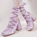 Big Size 43 Sweet Purple Mary Janes Pumps Ribbon Tied Satin 9cm Block High Heels Ballet Shoes Women White Party Wedding Shoes