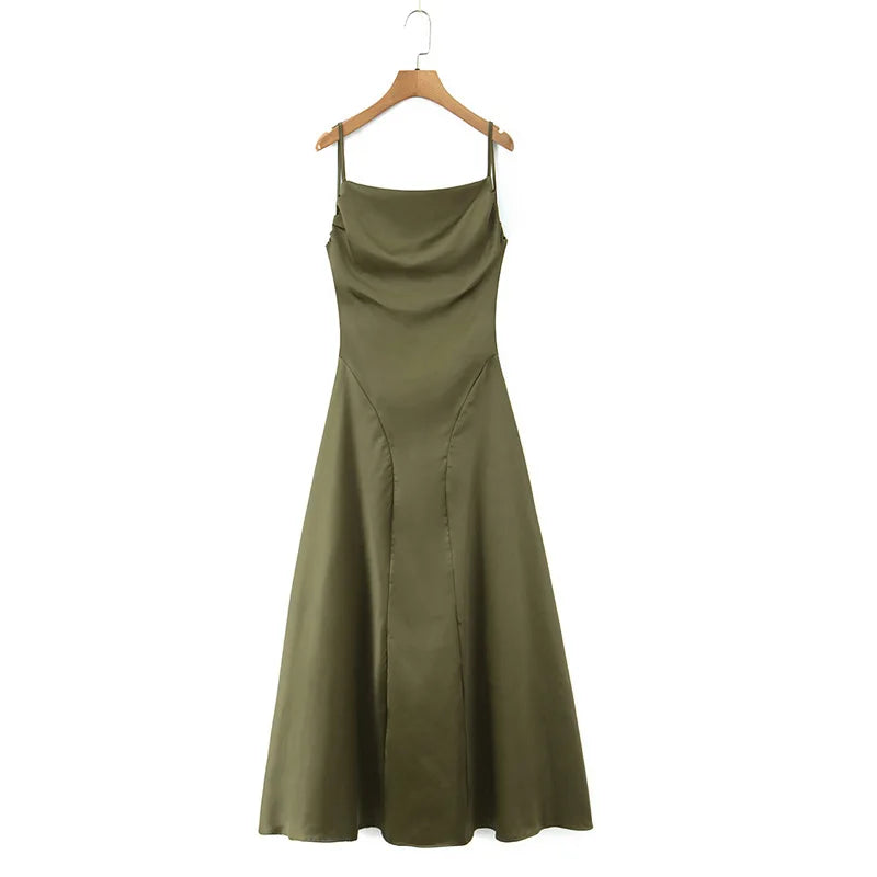 Australian Women's Back-cross-strap Hollow-out Camisole Dress With Chest Pleats Slim-fit Waist And Long Skirt Pure Desire ZJBL