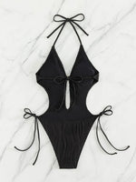 One Piece Swimsuit for Women 2024 Lace Patchwork Green Hollow Out Thong Swimwear Beach Bathing Suit Tie Side Backless Monokini