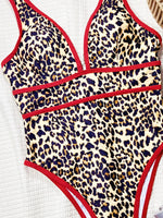 Sexy Red Leopard Print Patchwork Swimwear Women 2025 V Neck Hollow Out Backless One Piece Swimsuit Beach Bathing Suit Monokini