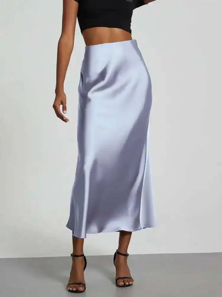 28 Colors New 2026 Women's Elegant High Waist Satin Long Skirts Female Summer Solid Color Faldas Fashion Women Skirts KBA3