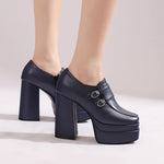 Plus Size Double Row Small Buckle Side Zipper Square Toe Double Layer Platform High Thick Heel Women's Pumps Shallow High Heels