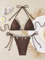 Shell Decoration Ribbed Halter Strappy Bikini Women Swimwear Female Swimsuit Two-pieces Bikini Set Bather Bathing Suit Swim Lady
