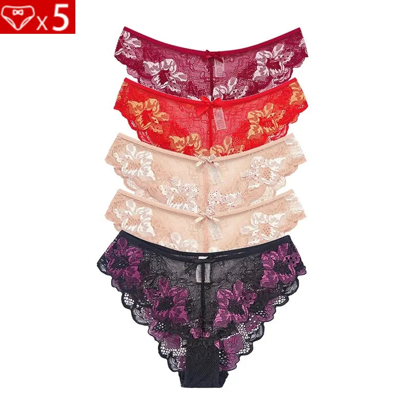 5pcs Lace Sexy Women Panties Mid Waist Perspective Floral Ladies Briefs Breathable Comfortable Female Underwear