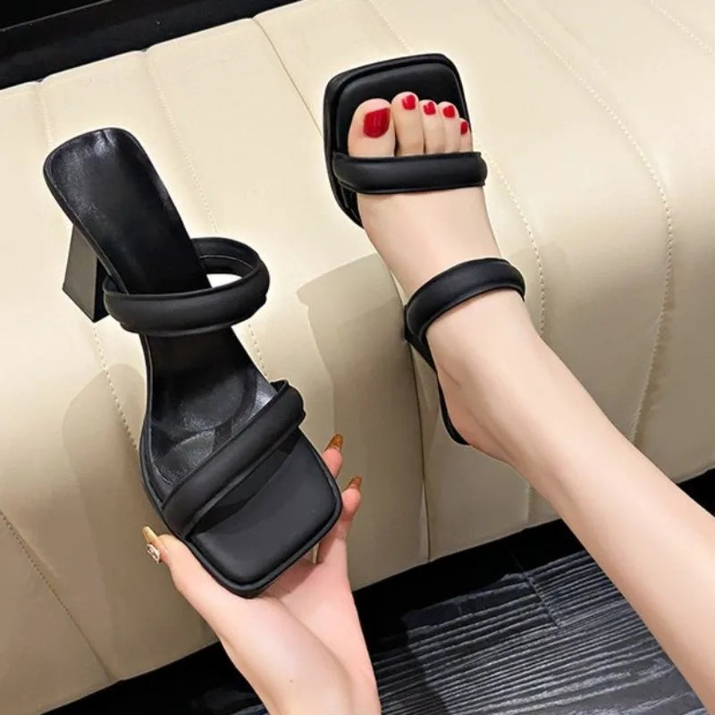 Fashionable One-piece Slippers , Square Heel High Heels, 2026 New Square Toe Style Cool Slippers