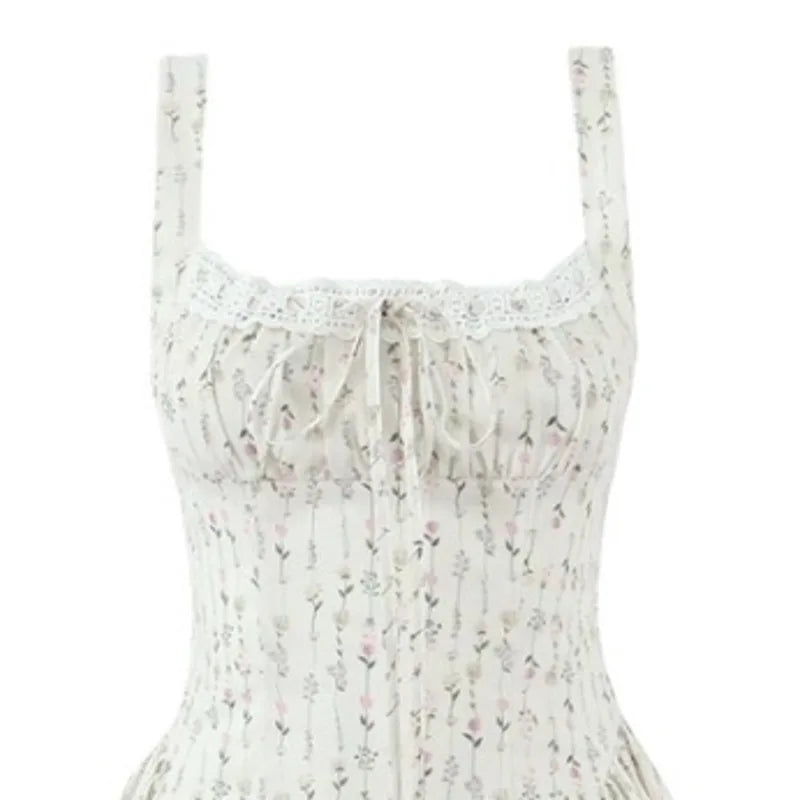 Vietnamese Sweet Lace Trimmed Camisole Dress For Women With Cross-back Cutout Waist-cinching Floral Print Puffy Short Skirt 24AK