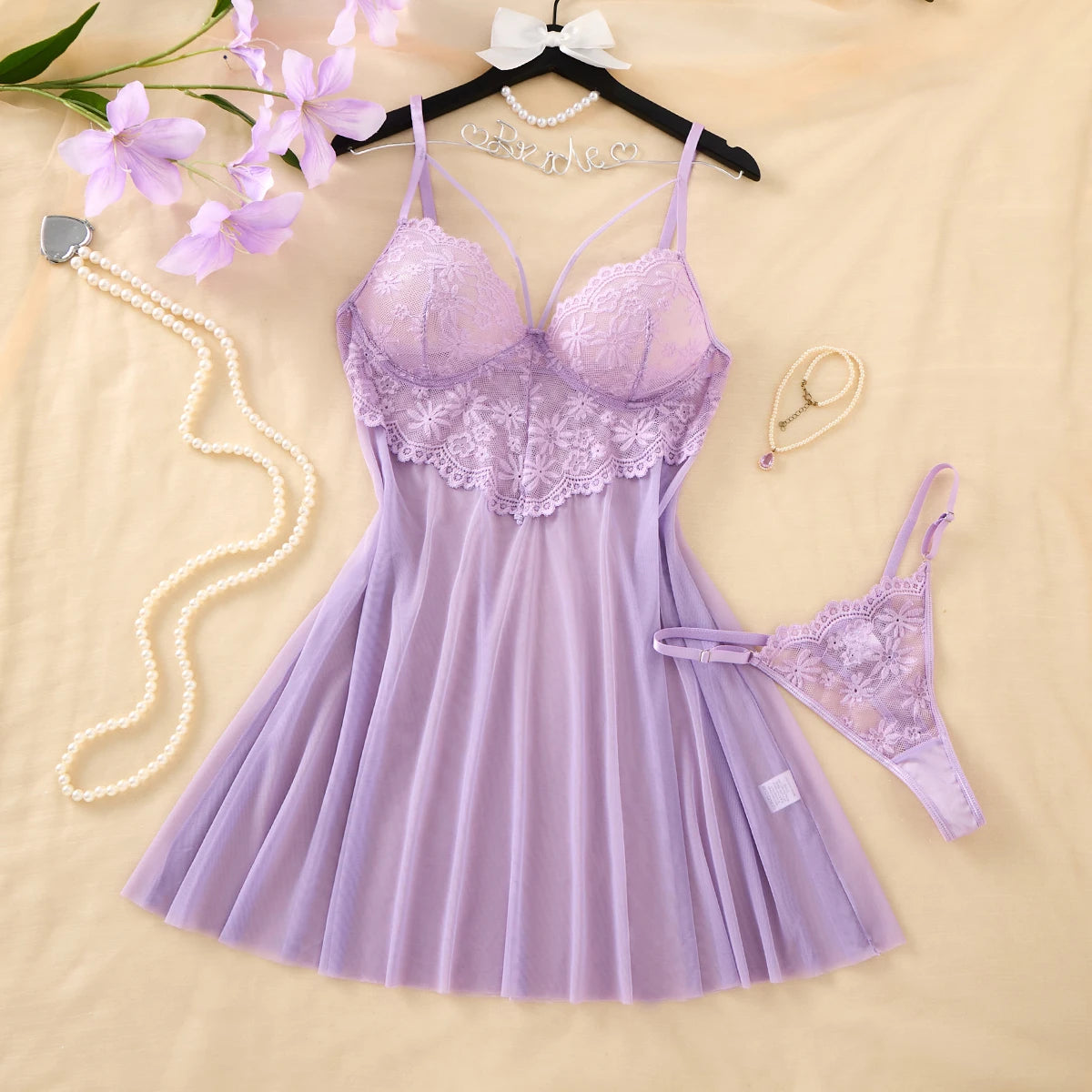 Girls limited edition purple floral embroidery nightgown .Lightweight sheer lace halter dress for ladies,sexy home wear