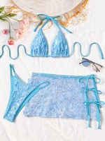 Sexy Sequin Pink Bikini Set Women Shiny Push Up Bra Thong Mesh Drawstring Skirt 3 Piece Swimsuit Bathing Suit Holiday Swimwear