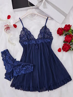 Blue Contrast Lace Ruffle Trim Lingerie Set Women's Nightdress See Through Deep V Mini Dress and Thong Nightgowns Underwear