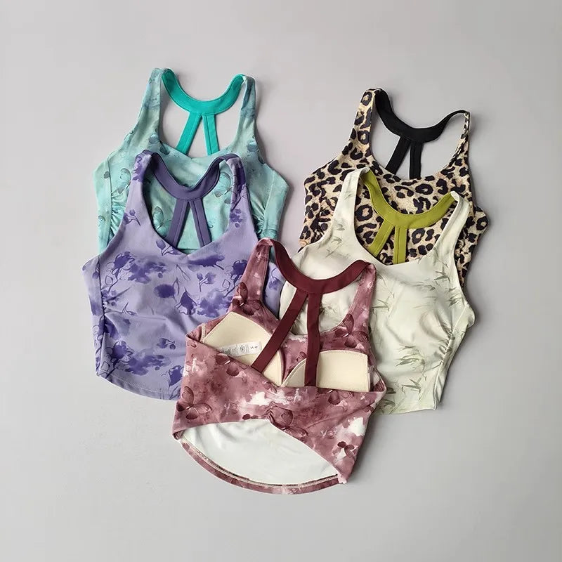 Women's Elegant Printed Yoga Sports Vest Shock Resistant Fitness Outerwear Beautiful Back Cross Shaped Design