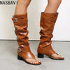 Plus Size Women Open Toe Thong Knee High Boots Metal Buckle Ruched Mid Block Heel Tall Sandal Boots Fashion Streetwear Long Boot