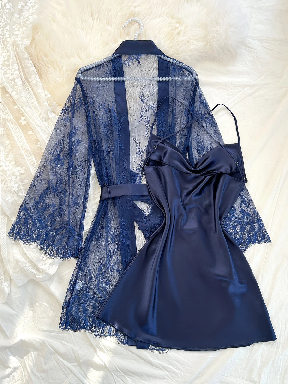 Women Lace Sleepwear Set Sheer Lace Robe with Cowl Neck Slip Nightdress Thin and Breathable Ladies 2Pcs Pajamas