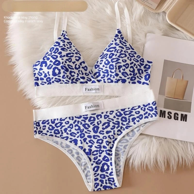 Women Seamless Bra Set Low Waist Panties Leopard Bralette Sexy Lingerie Set Vneck Sport Brassiere Female Cotton Underwear Set