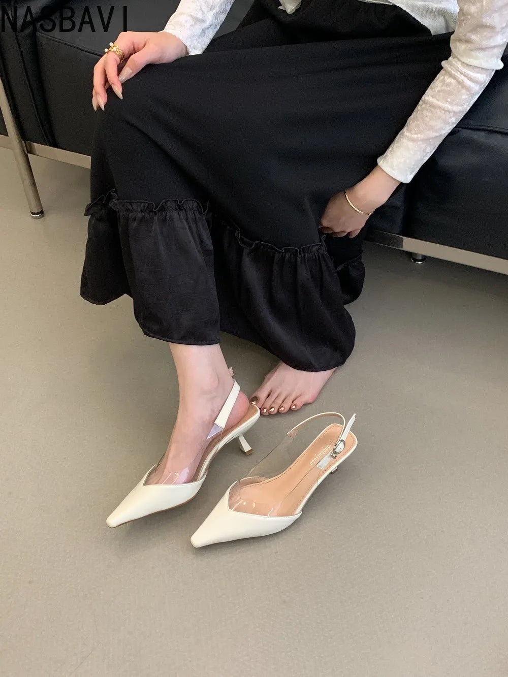 Women's Heart Clear Elegant Sandals Pointed Toe Transparent White French Buckle Strap New Summer 2026 Party Mules Dress Shoes