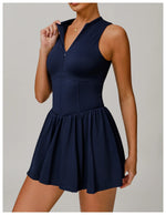Women Front Zipper Tennis Dress Fake Two-piece Pieces Stand Up Collar Slim Fit Soft Sports Sets Fitness Pocket Skorts Yoga Suits