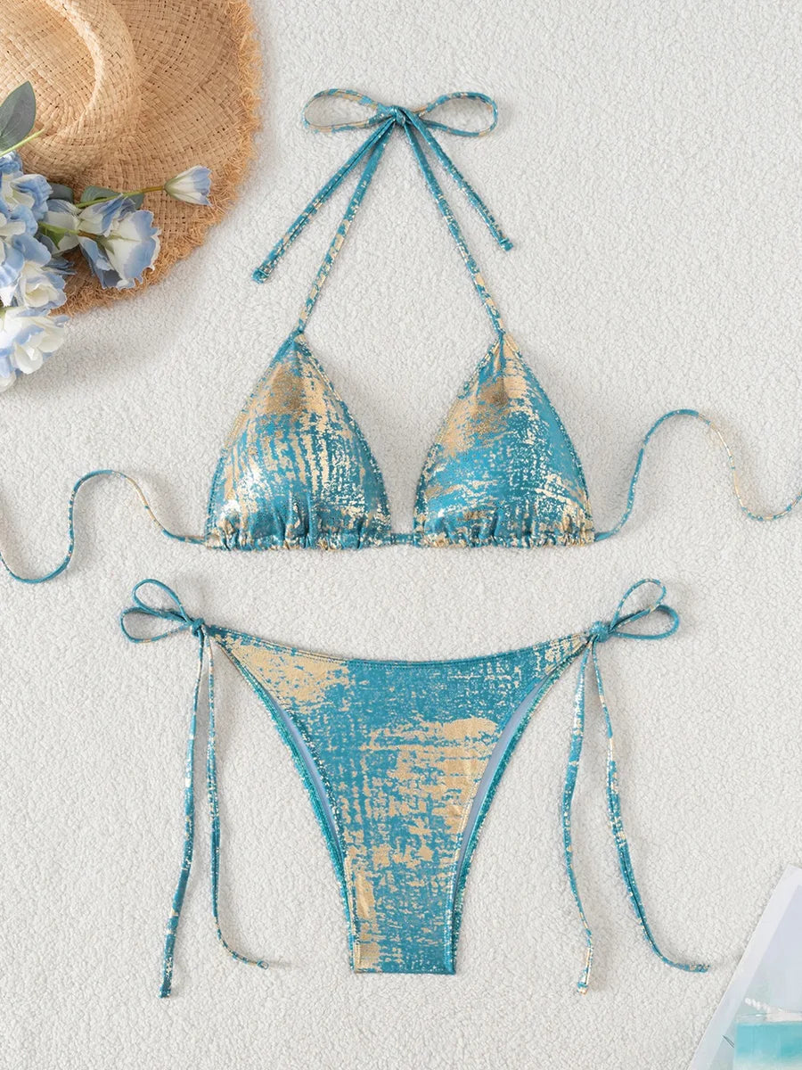 Glitter Sparkling Halter Strappy Bikini 2026 Women Swimsuit Female Swimwear Two-pieces Bikini Set High Leg Cut Bathing Suit Swim