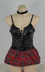 New Sexy Uniform Waist Protection Ultra Short Dress Sexy Black Leather Corset With Plaid Dress For Women Pure Desire Casaul CNI0