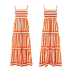 Women's Striped Print Dress Sleeveless Spaghetti Strap Square Neck Tiered Long Dress for Holiday Casual Boho Sundress