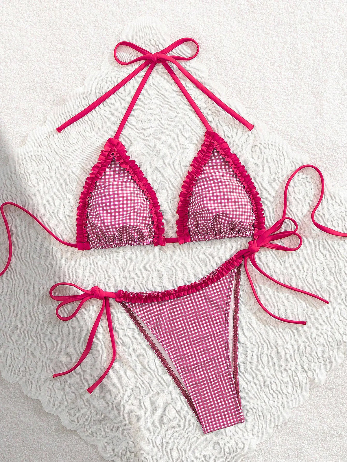 Sexy Pink Plaid Micro Bikini 2026 Women Lace Trim Push Up Bra Triangle Swimsuit Brazilian Summer Bathing Suit Holiday Swimwear