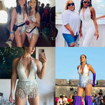 New Shiny One Piece Swimsuit Sexy White Snakeskin Print Deep V Neck Swimwear Backless Bathing Suit Sequin Tassel Skirt Monokini