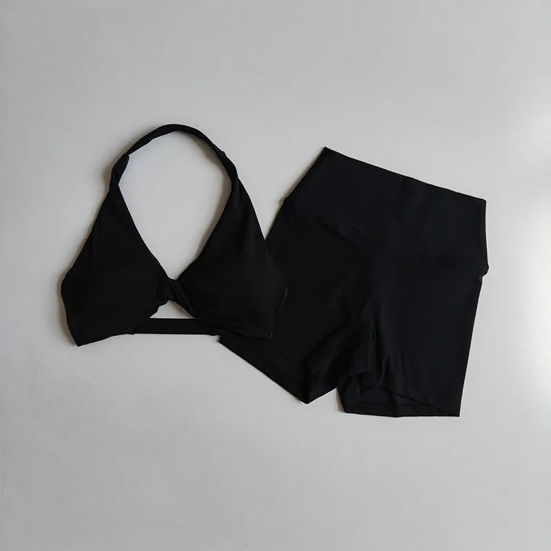 2PCS Nude Sexy Yoga Set Halter Neck Sports Bra And Shorts Breathable Fitness Training Underwear Slimming Beautiful Back Design