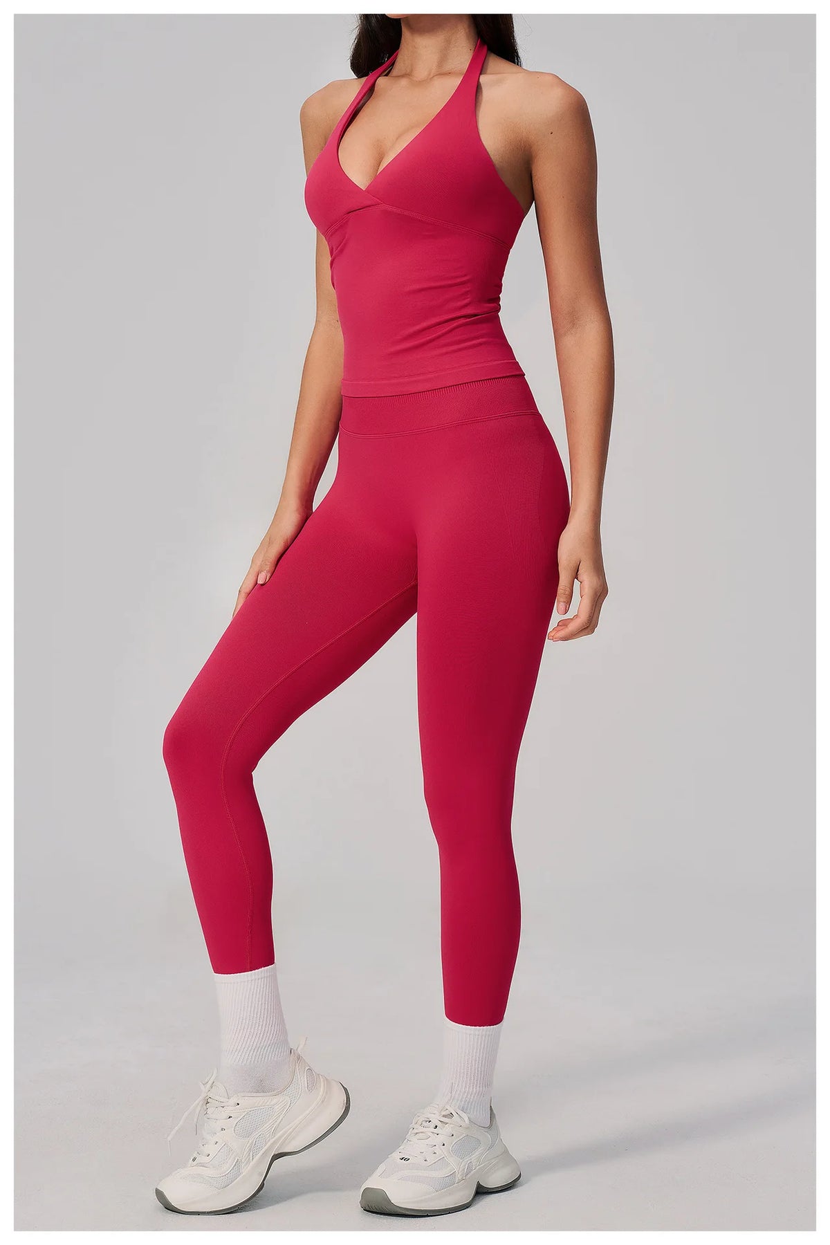 Summer Seamless Yoga Sets Women V Neck Slim Sports Tank Top Fitness Suit Peach Hip High Elasticity Leggings Running Tracksuit