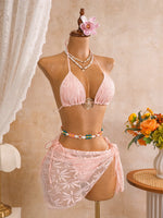 Sexy Mesh Cover Up 3 Piece Bikini Set 2026 Women White Metal Circle Push Up Bra Thong Swimwear Holiday Bathing Suit Swimsuit