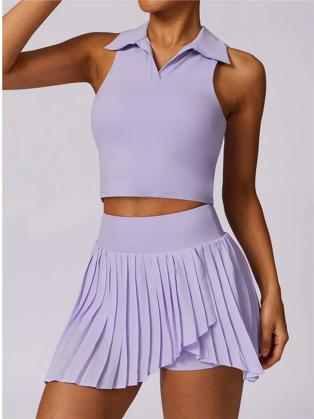 Outdoor Breathable Golf Wear Tennis Sport Sets Women Turn Down Collar Sleeveless Top Short 2 in 1 Skirt Running Fitness Set