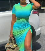 Trendy Printed Slim Midi Dresses Women Fashion Package Hip Bodycon Short Sleeves Drawstring Slit Dress Casual Ladies Streetwear
