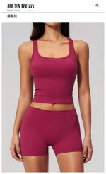 Gym Women Yoga Sets Women Brushed Square Neck Slim Sports Tank Top Fitness Suit Outwear Running High Waist Shorts Tracksuit