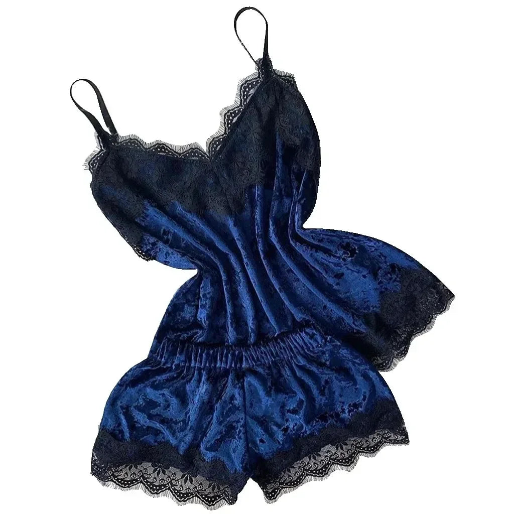 Summer Lace Sleepwear Sexy Satin Pajamas Set Women Nightshirt 2 Pieces Crop Tops and Shorts Set Homewear Loungewear