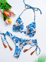 Sexy print women's bikini swimsuit split set with straps and tassels 2-piece set for summer beach swimsuit