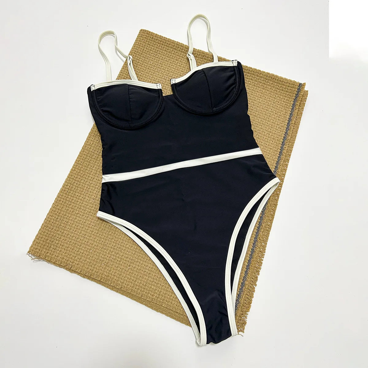 Women's Black Patchwork One Piece Swimsuit Sexy Slim Suspender Backless Monokini Bikini Underwire Push Up Bathing Suit Swimwear