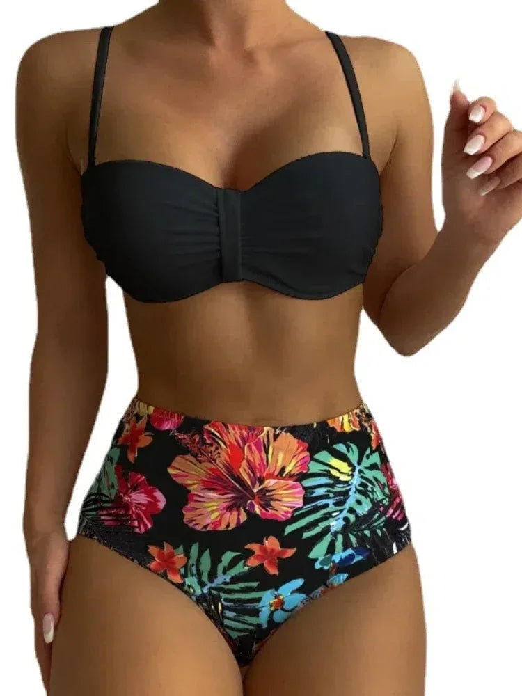 Sexy Bandeau Bikini 2025 Women Swimsuit Floral Swimwear Female High Waist Bikinis Set Swimming Bathing Suits Brazilian Biquini