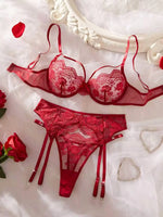 Red French Lace Embroidery Bra Set with Garter Belt Three-Piece Ensemble Sexy Underwear for Women