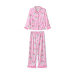 Women Satin Christmas Pajamas Sets Long Sleeve Santa Claus Print Tops with Elastic Waist Pants Two Pieces Sleepwear