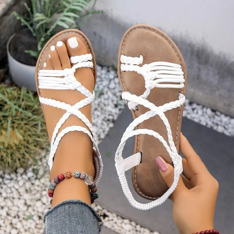 Women Beach Braided Brown Sandals Women Flats Casual Open Toe Sandalias Summer 2026 New Fashion Casual Walking Shoes