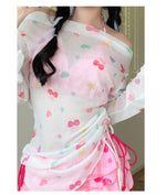 Sweet Vacation Bikini Set 2026 Women Long Sleeve Drawstring Cover Ups Pleate Short 4 Piece Swimsuit Beach Bathing Suit Swimwear