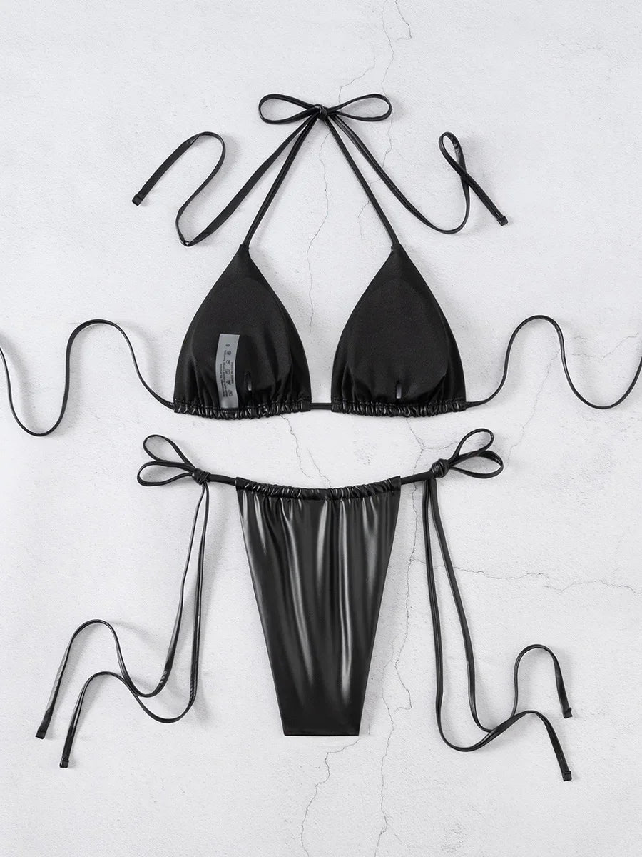 PU Faux Leather Mini Micro String Bikini Women Swimsuit Female Swimwear Two-pieces Bikini Set Thong Bathing Suit Swim Beachwear