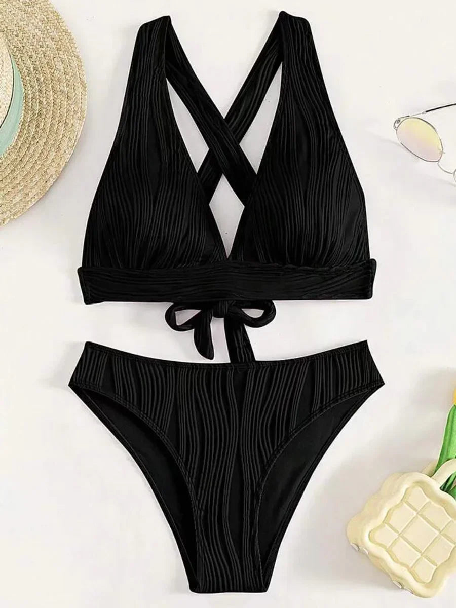 Wrinkled Crinkled Cross Back Bikini Women Swimwear Female Swimsuit Two-pieces Bikini Set High Cut Bathing Suit Swim Beach Wear