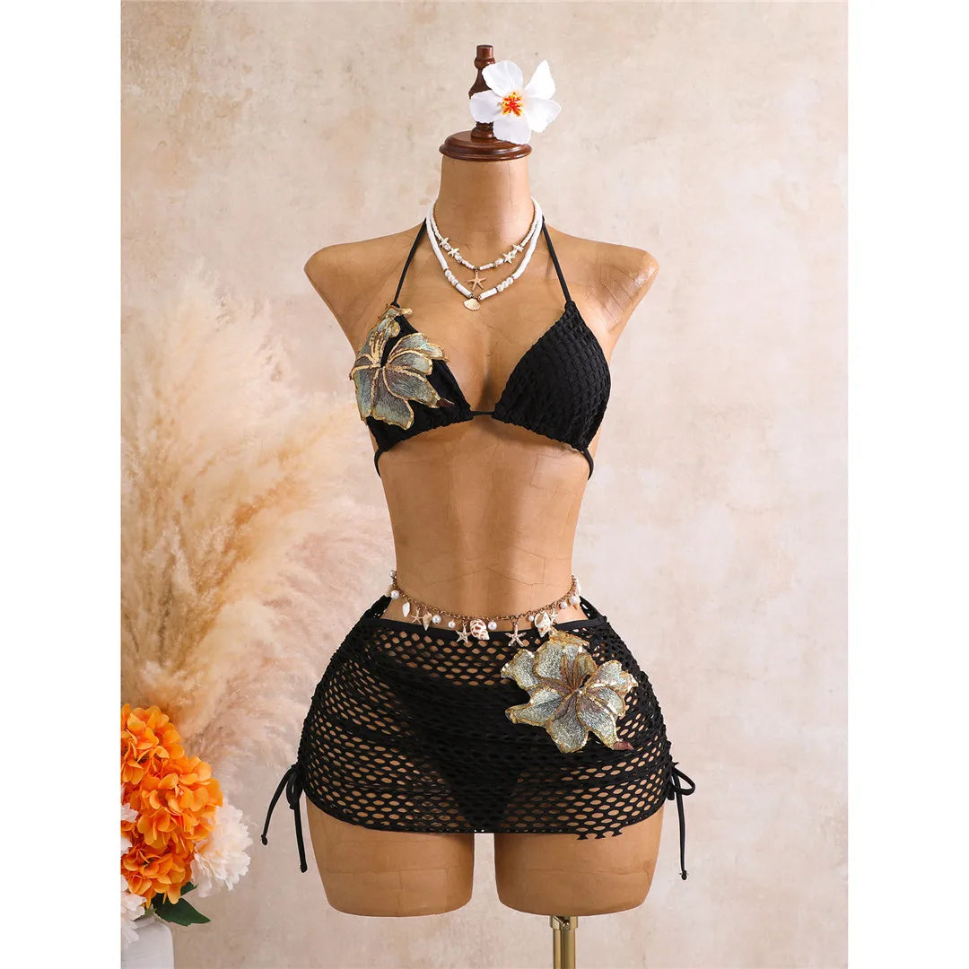 With Skirt 3D Flower Halter Bikini Women Swimwear Female Swimsuit Three-Pieces Bikini Set Padded Bather Bathing Suit SwimV8346