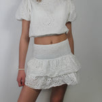 Shirred Mini Skirt A-Line Pointelle High Waist Layered Ruffle Skirt for Women 2024 Summer Solid Color Sweet Skirts