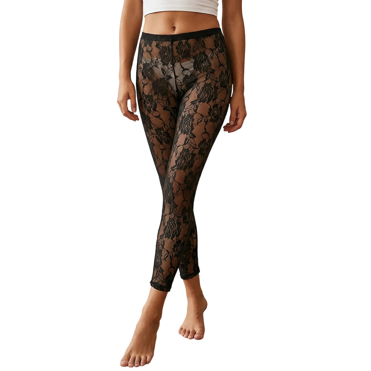Women Summer Sheer Lace Capris Elastic High Waist Bodycon Cropped Pants Bottoms Sexy Club Beach Cover-ups Leggings