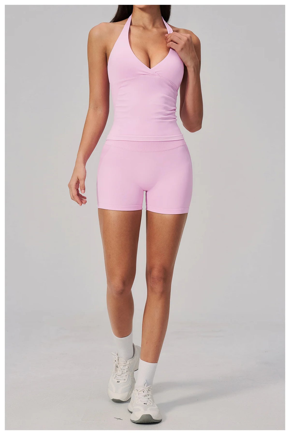 New Seamless Yoga Thread Set Women Hanging Neck V Neck Slim Sports Tank Top Hip Lifting Abdominal Tightening Shorts Fitness Suit