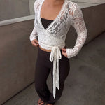 FDYOUI Women's V-neck Long Sleeve Lace T-shirt 2026 Ladies Chic Bandage Lace Tee Shirts Pink Streetwear Girls Slim Crop Tops
