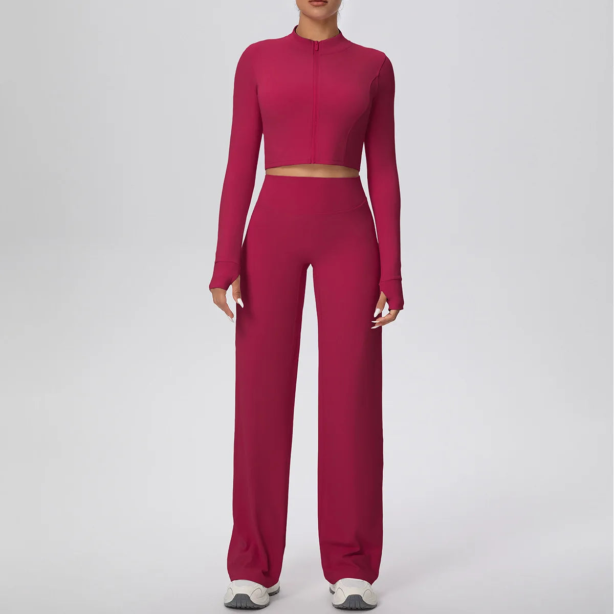 2 Pcs Women's Seamless Yoga Set Long-sleeved Wide-leg Pants Tracksuit Fitness Sports Set High-waisted Hip-lifting Slim-fit Suit