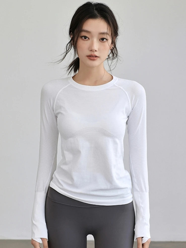 Women's Autumn & Winter Yoga Comprehensive Training Top High-Elastic Slim Crew Neck Quick-Dry Sports Long-Sleeve Fitness Clothes