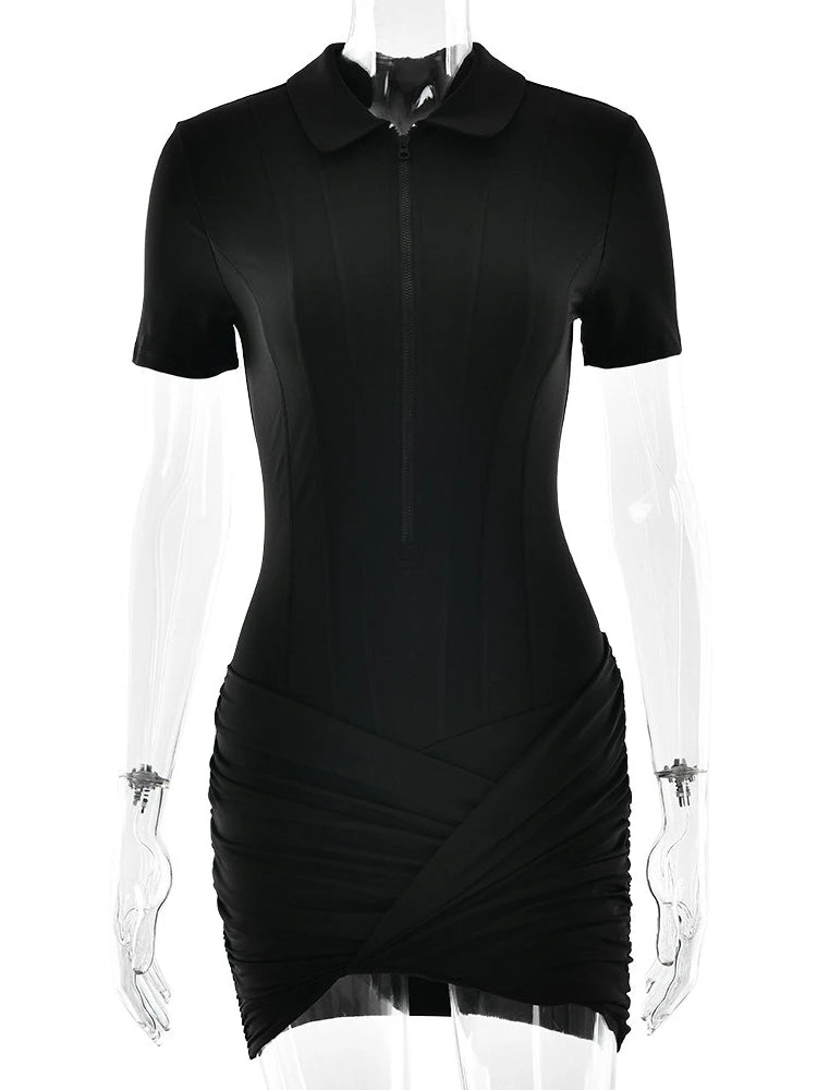 FDYOUI Women's Polo Collar Zip-up Jumpsuit Dress Chic Short Sleeve Folds Solid Bodysuits One Piece Yoga Fitness Sporty Playsuits